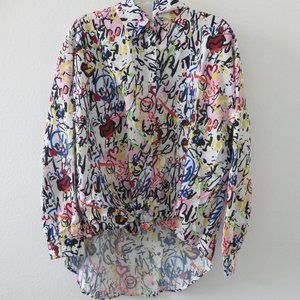(#G) Touch Me Graffiti Print Long Sleeves Blouse Size M